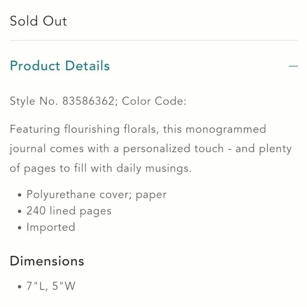 Anthropologie NWT OMARI MONOGRAM JOURNAL LETTER I